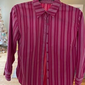 Womyn Fuchsia and White Striped Button Down Shirt